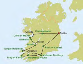 Der Rest des Tages steht Ihnen zur freien Verfügung. 2. Tag: (So) Dublin Cork Am Morgen fahren Sie Richtung Süden zur imposanten Burgruine Rock of Cashel.