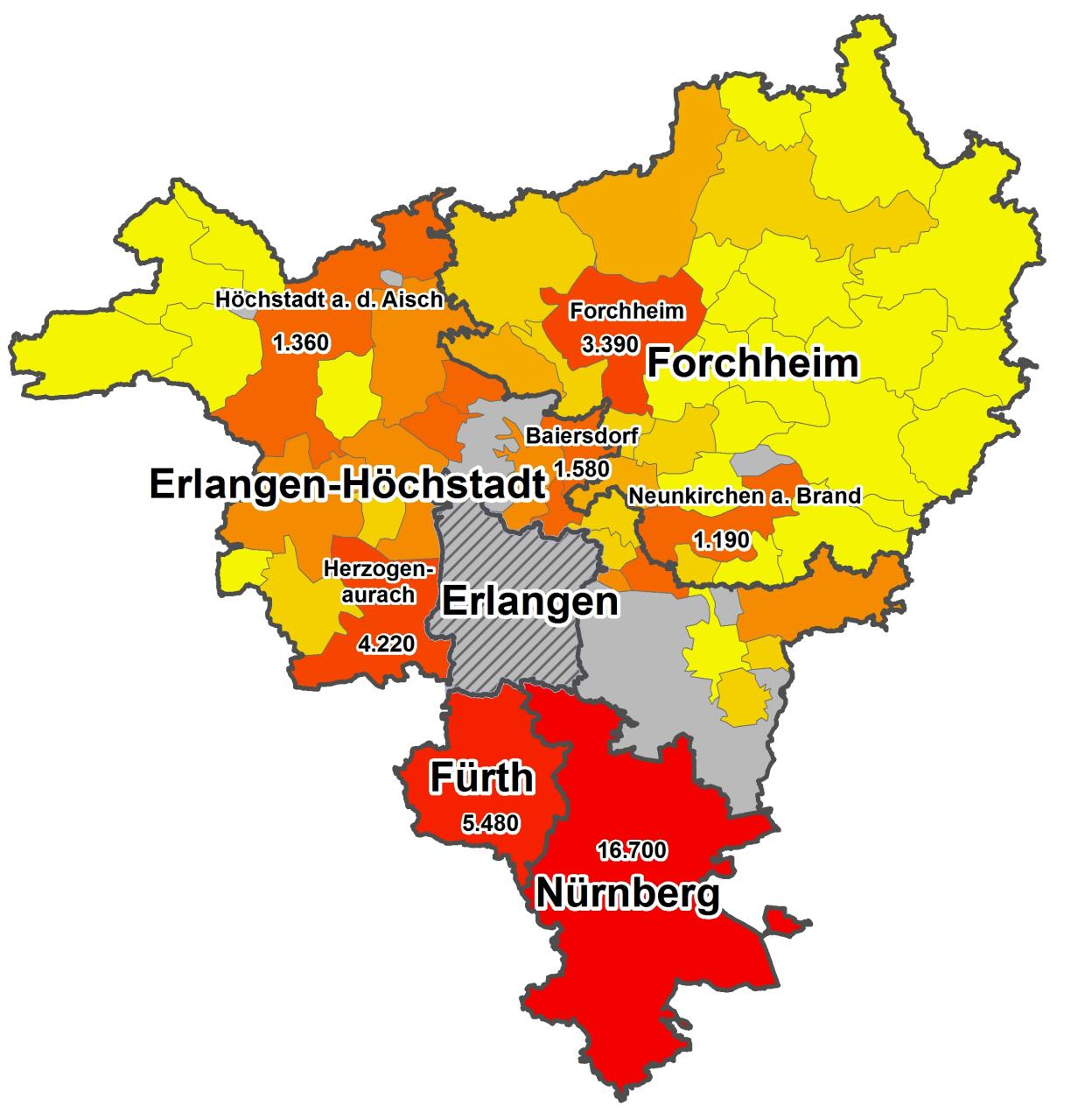 Räumliche Verteilung der Ein- und Auspendler nach/aus Erlangen Landkreis Stadt Ein- / Auspendler Erlangen