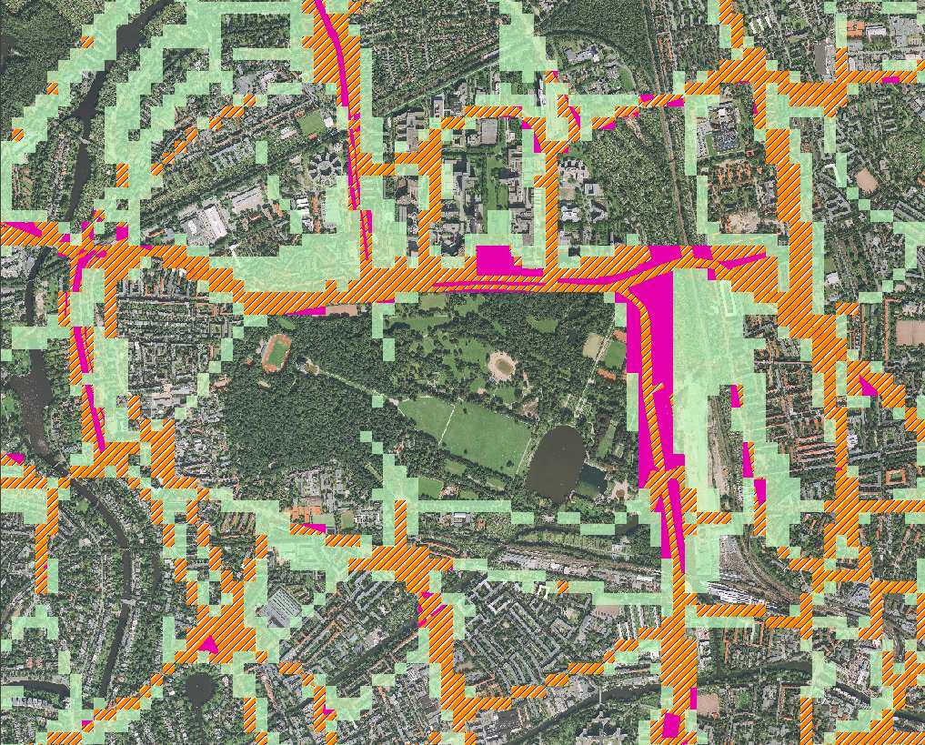 von 300 m betragen kann. Ein ähnlicher Effekt ist auch entlang der übrigen stark befahrenen Straßen zu beobachten, wenngleich die Einwirkbereiche meist geringer sind.