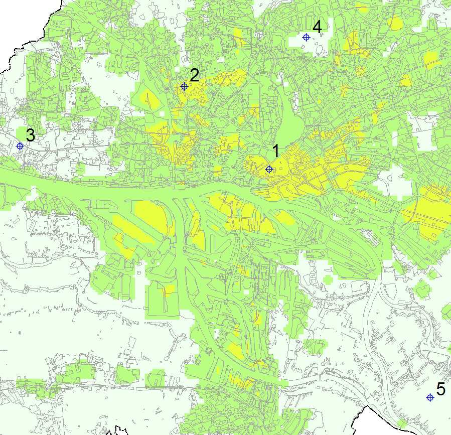 Über Freiland ist die Anzahl der Hitzetage mit etwa 10 Tagen/Jahr ähnlich hoch wie in der Block- und Blockrandbebauung von Eimsbüttel (Abb. 34).