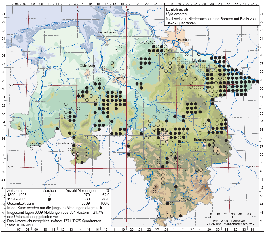 2 Bestandssituation und Verbreitung Das Verbreitungsgebiet des Laubfrosches reicht von Südschweden und Dänemark im Norden über weite Teile West-, Südwest und Mitteleuropas bis in den Südosten