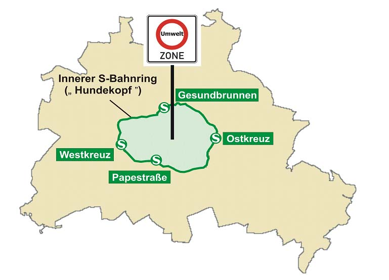 Umweltzone Berlin seit 1.1.2008 mind. Euro 2 für Dieselfahrzeuge Fläche: circa 88 km² (der 892 km² Berliner Stadtfläche) Einwohner: circa 1 Millionen (von 3,4 gesamt) ab 1.1.2010 Partikelgrenzwert Euro 4: für Pkw mind.