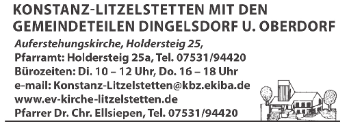 00 Uhr im Pfarrhaus in Dettingen. Donnerstag von 17.00-18.00 Uhr im Pfarrhaus in Litzelstetten (Unterkirche) In seelsorgerlichen Notfällen ist Pfarrer Nagel unter Tel.