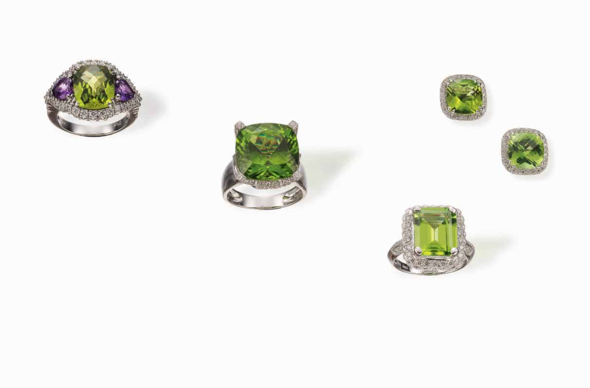 6106 6111 6108 6112 6106* Eleganter Peridot-Amethyst-Brillant-Ring 18K WG Schauseite im Zentrum besetzt mit 1 rechteckigen, facettierten Peridot von ca. 4.81 ct.