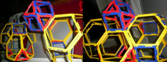 Archimedische Dreikörperfüllung Tetraederstümpfe, Oktaederstümpfe und Kuboktaeder (Mittelkristall) Man kann auch noch mit maximal drei 3 verschiedenen archimedischen Körpern den kompletten Raum