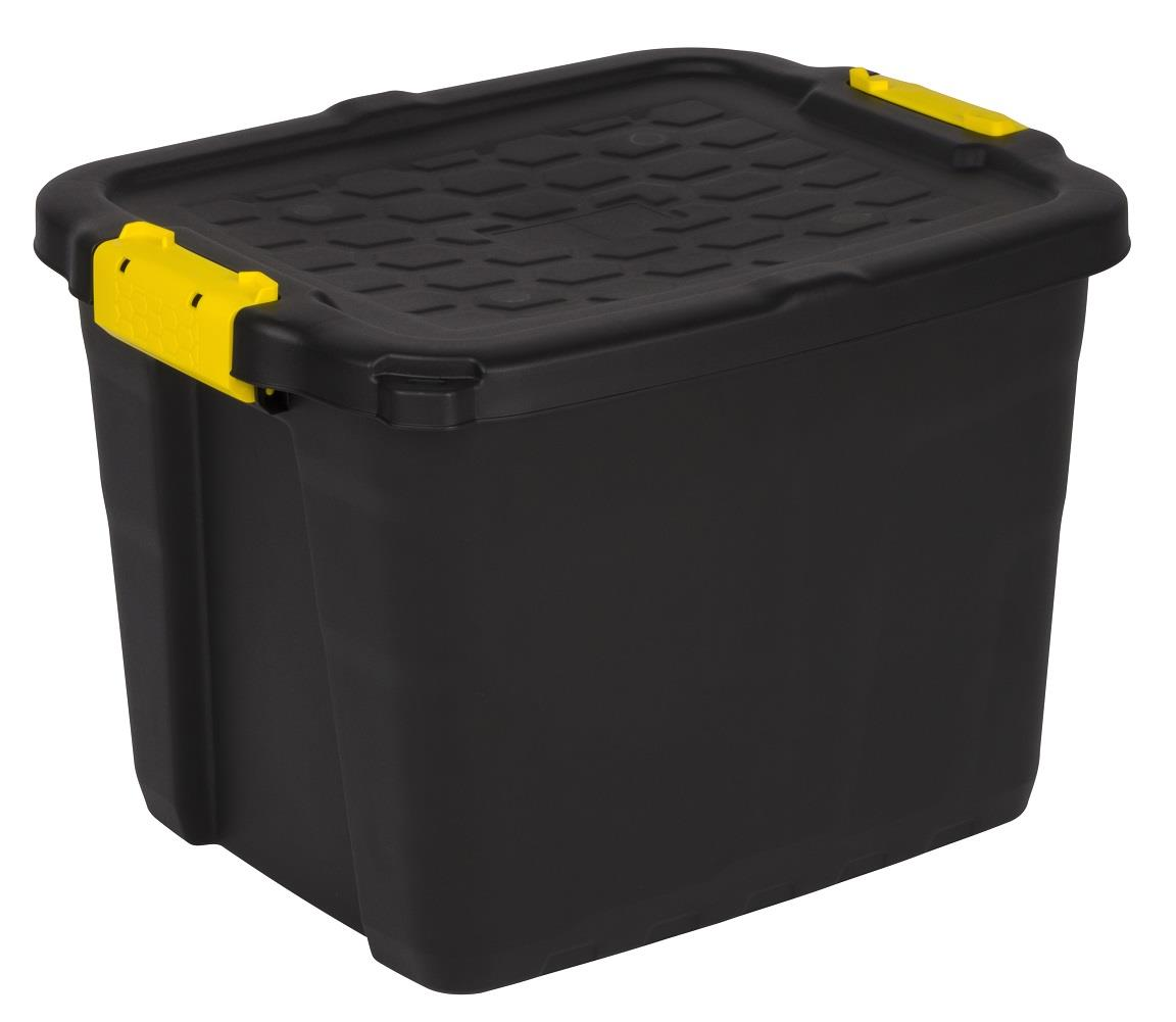 TOUGH BOX 42 Robuste Lagerbox aus Kunststoff (PP). Mit schwarzem Korpus und zwei seitlichen Griffen zum Klippen in Gelb.