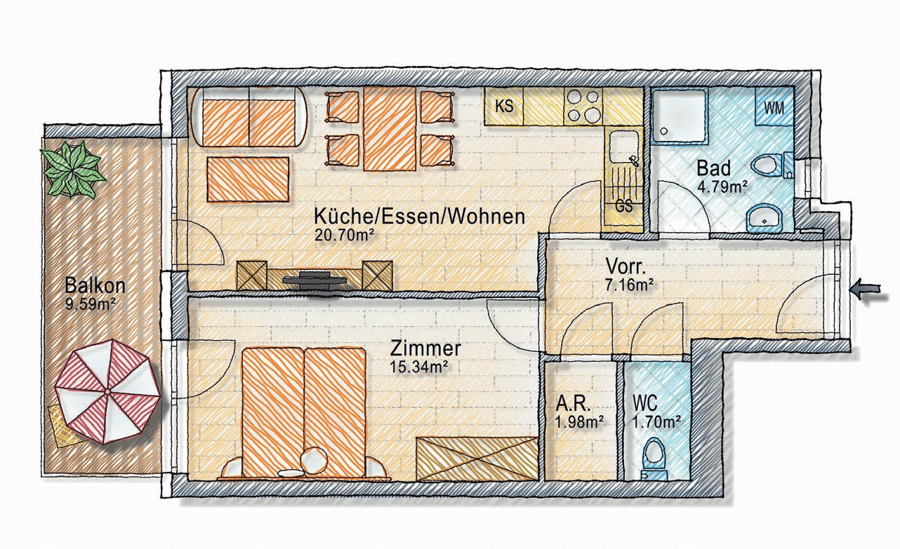 WOHNUNG VII Obergeschoss Wo./Ess./Kü.