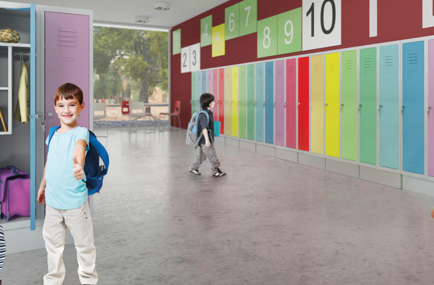 Sozialraumeinrichtung Garderobenschränke für Kindergärten und Grundschulen Hutfachboden (Ausführung Grundschule) Kleiderstange mit 2