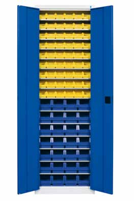 Fachbodenträger, 28 Sichtlagerkästen PLK 3 blau, 54 Sichtlagerkästen PLK 4 gelb Regallagerschrank RLS 21921-2 2150 x 690 x 285 mm (H x B x T), bestehend aus: 12 Fachböden verzinkt inkl.