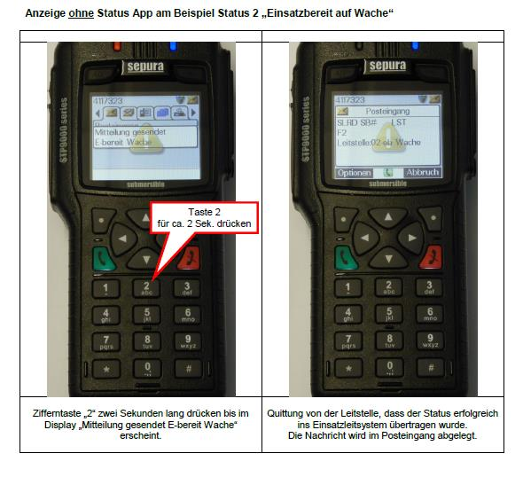 Bedienung Status Handlungsanweisung Anzeige ohne Status App am Beispiel Status 2 Einsatzbereit auf