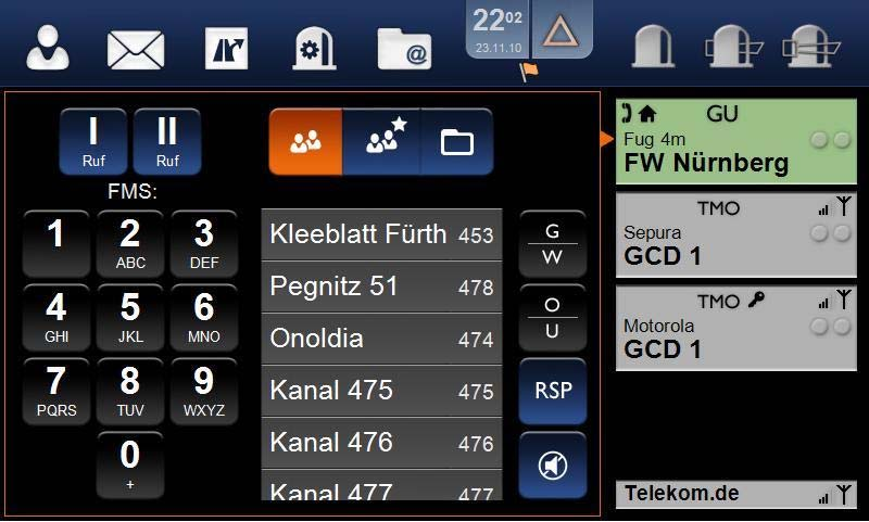 Bedienoberfläche Analogfunk bis zu 4 FuG anschließbar Die angeschlossenen Funkanlagen können entweder über die separaten Sprechtasten (PTT) und das Freisprechmikrofon oder den Handapparat besprochen