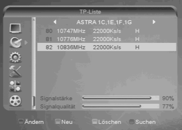 Der neuangelegte Transponder wird nun am Ende der Transponderliste des Satellit ASTRA 19,2 Ost angelegt und erscheint entsprechend auf der Transponderliste.