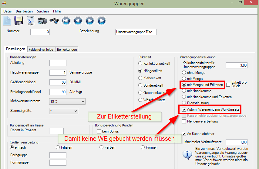 Schritt 2 = Anlage einer entsprechenden Warengruppe Am einfachsten wie im Beispiel 2 als Umsatzwarengruppe. Autom. Wareneingang Wg.