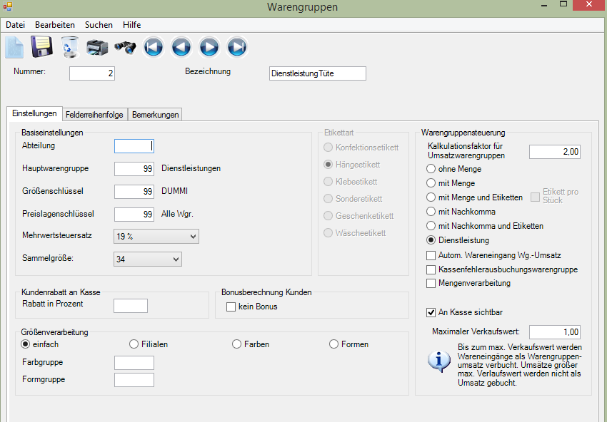 Vorschlag 1 Verkauf über Dienstleistungswarengruppe Abrechnung über eine Dienstleistungswarengruppe. Der Tütenpreis soll 0,20 betragen.