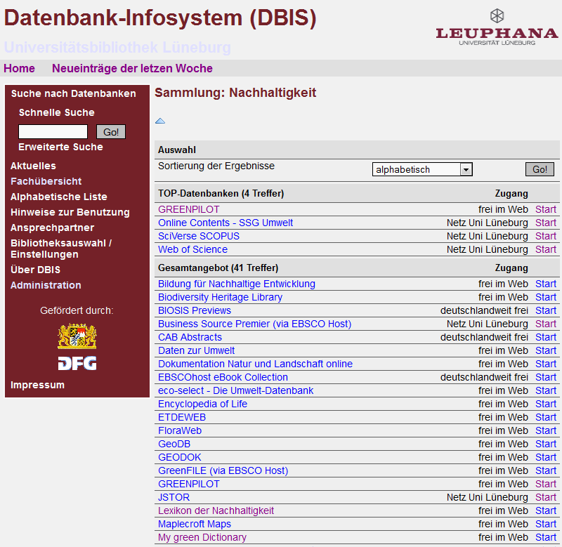 Datenbank-Infosystem (DBIS) Sammlung Nachhaltigkeit Top-Datenbanken = wichtigste Datenbanken für ein Fach