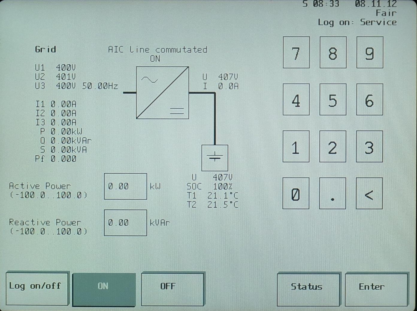 Hauptbildschirm AIC Aktuelle Betriebsart Netzspannung pro Phase und Netzfrequenz Netzstrom pro Phase Wirkleistung Blindleistung Scheinleistung