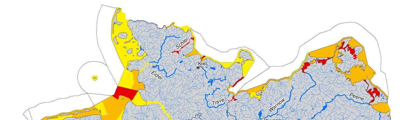 Abbildung 16: WRRL-Bewertung des ökologischen Zustandes basierend auf Daten von 2009-2014 für die Übergangs- und Küstengewässer. Gelb = mäßig, orange = unbefriedigend, rot = schlecht. 2.4.2.3 Ostsee 2.