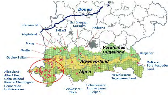 Projekte im Forschungsvorhaben 171 verarbeitet (LVBM, 2012). Im Jahr 2012 wurden im Regierungsbezirk Oberbayern 2,1 Mio. t Milch an Molkereien geliefert (Helmreich et al., 2013).