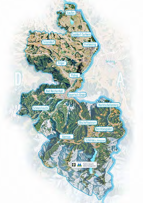 176 Projekte im Forschungsvorhaben Abb. 3.39: Der Landkreis Berchtesgadener Land (Ohrlich, 2006, S. 75) Geografisch lässt sich der Landkreis in drei topografische Regionen einteilen.