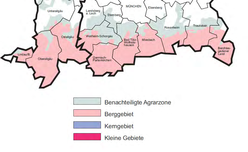 Landesentwicklungsprogramm Bayern steht. Nahezu im gesamten Kreisgebiet (Abb. 3.5) erfolgt eine Förderung als benachteiligtes Berggebiet.