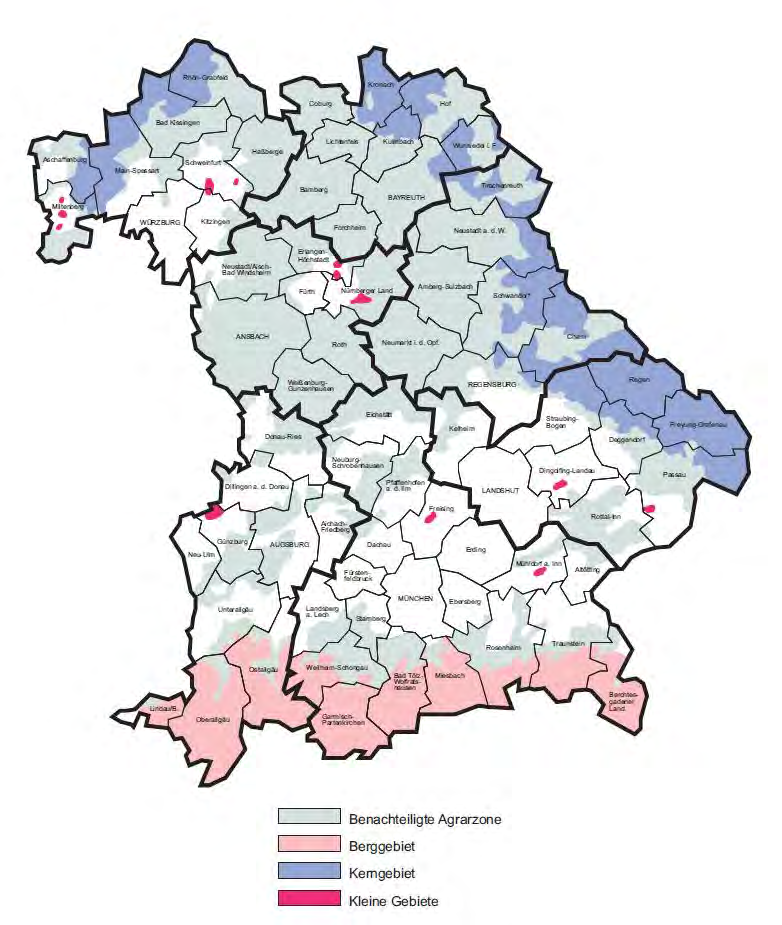 Projekte im Forschungsvorhaben 81 Abb. 3.13: Gebietskulisse der Fördergebiete in Bayern (StMELF, 2012c) Die Förderung der benachteiligten Gebiete geschieht über die Ausgleichszulage.