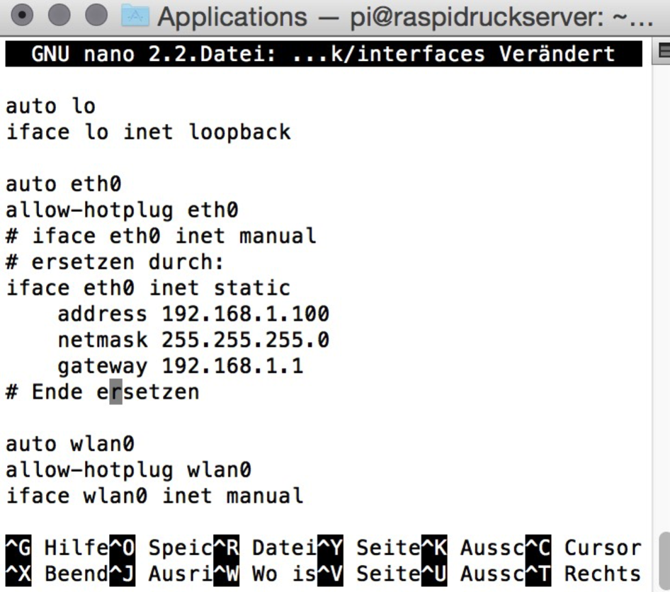 Danach sollte der Raspberry Pi nun im Netz über die neue IP-Adresse, im Beispiel hier 192.168.1.100, permanent erreichbar sein. Das schließt einen bequemeren Zugang über das Netz mit SSH ein.