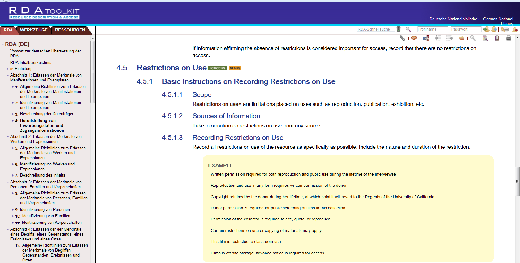 Anwendungsrichtlinien / Policy Statements Screenshot aus dem RDA-Toolkit mit Genehmigung der RDA-Verleger (American