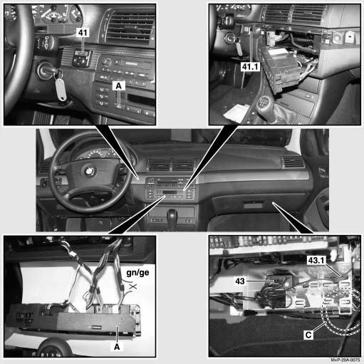 9. Einbau Elektrik 1. Kabelbaum-Abzweig b und g durch Tülle (C) vom Einbauschacht / Heizgerät 1 zum Fahrzeug-Innenraum ziehen 2.
