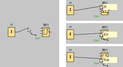 Tutorial Verbinden von Blöcken: Hilfestellungen Wird eine Verbindungslinie von einem Ausgang zu einem Eingang oder umgekehrt gezogen, wird ein Anzeigefenster mit der Bezeichnung des Anschlusses