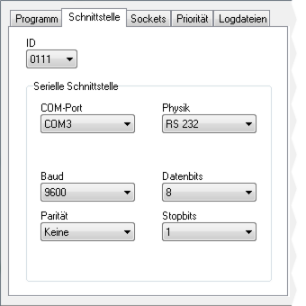 Einstellungen Schnittstelle Der zweite Tab des Programmfensters bietet Zugriff auf die Parameter der seriellen Schnittstelle: ID Die ID ist der eindeutige Schlüssel für einen Parametersatz.
