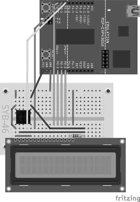 Benötigte Bauteile: 1x Steckplatine, 1x LCD-Display, 1x 220-Ohm-Widerstand (Rot-Rot-Braun), 1x Potenziometer, 8x Verbindungskabel, 6x Drahtbrücke (unterschiedliche Längen) Anschluss des Displays am