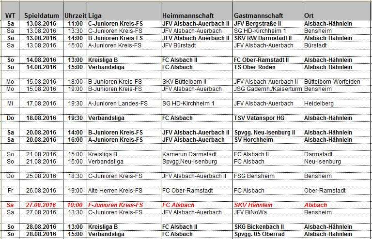 FCA-Vereinsspielplan August 2016 Trainingsbeginn Junioren F-Junioren Jahrgang 2008 / 2009 Fr., den 19.08.16 18.00-19.00 Uhr E-Junioren Jahrgang 2006 / 2007 Di., den 16.08.16 17.30-18.