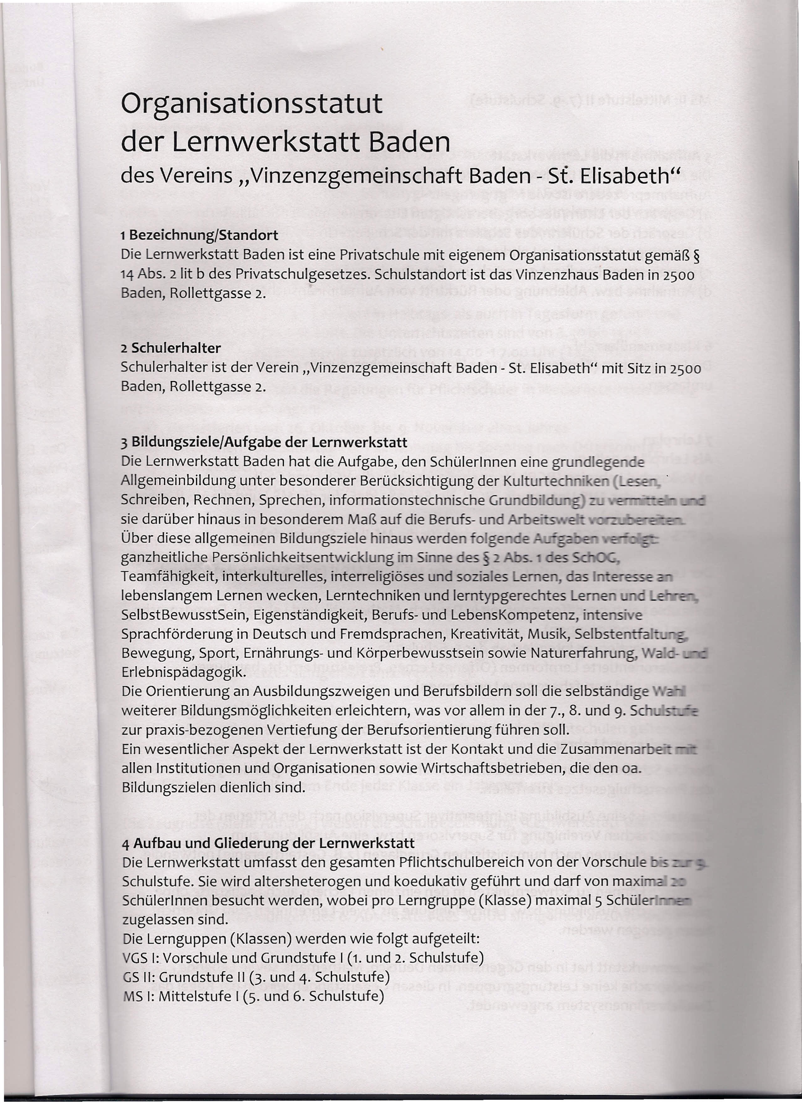 Organisationsstatut der Lernwerkstatt Baden des Vereins "Vinzenzgemeinschaft Baden - St.