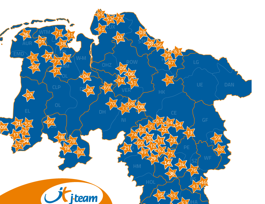 Die Karte zeigt die Übersicht über alle J-Teams, die es derzeit im Land Niedersachsen gibt. Im Bereich der Sprtjugend OS-Land ( Pfeil) befinden sich derzeit 3 J-Teams: Nr.