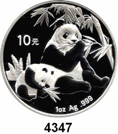 100,- 4344 10 Yuan 2006 (Silberunze). Zwei Panda mit Bambuszweigen. Schön 1505. KM 1664.