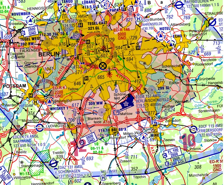 GEN 0 23 Berlin/Schönefeld EDDB: Temporäre CTR-Erweiterung mit VFR-Pflichtmeldepunkt MIKE und RWY 07R/25L.