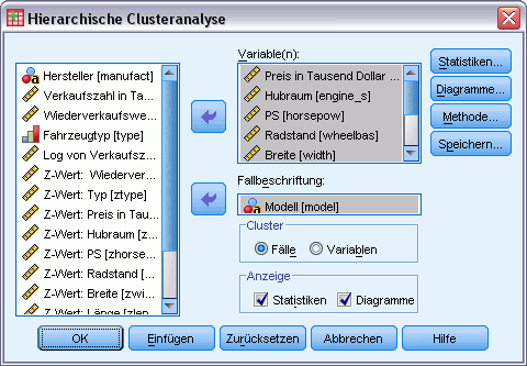 198 Kapitel 25 So führen Sie eine hierarchische Clusteranalyse durch: E Wählen Sie die folgenden Befehle aus den Menüs aus: Analysieren >