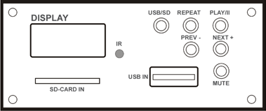 VORDERSEITE 1 2 3 4 5 6 7 8 9 10 11 12 13 14 15 16 17 18 19 BEDIENELEMENTE DER FRONTSEITE 1.- Multifunktionsdisplay des USB-Players 2.- IR-Fernbedienung Empfänger-Eingang des USB-Players 3.