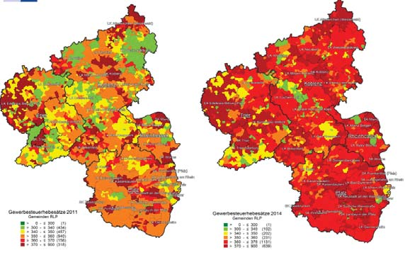 Der Wirtschaftsstandort Rheinland-Pfalz in Zahlen 4 Realsteuerhebesätze 2011 vs.