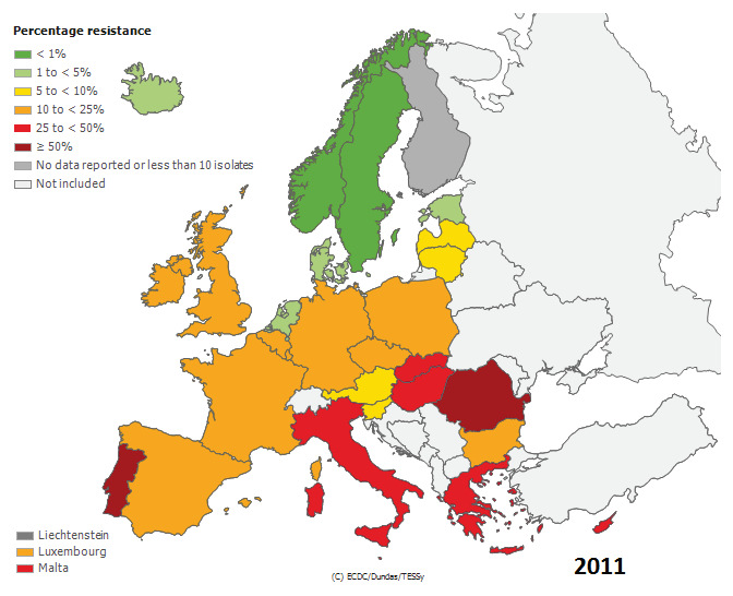 MRSA-Raten* in Europa 2011 (ECDC 2012) *Anteil von MRSA-Proben an allen Staphylococcus aureus-proben