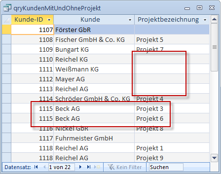 Die zweite Option liefert alle Datensätze der verknüpften Tabellen zurück, für die ein Eintrag in der linken Tabelle vorliegt unabhängig davon, ob die rechte Tabelle Datensätze enthält, die mit der