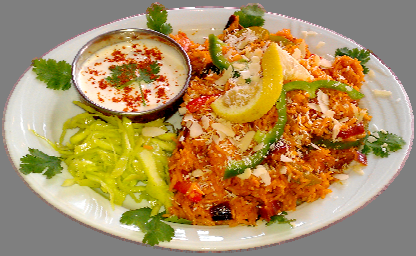 Biryanis Ein Biryani ist ein aufwändig zubereitetes Gericht persischen Ursprungs mit gewürztem Reis, der in verschiedenen Variationen angebraten wird. Alle Biryanis servieren wir mit Saucen und Salat.