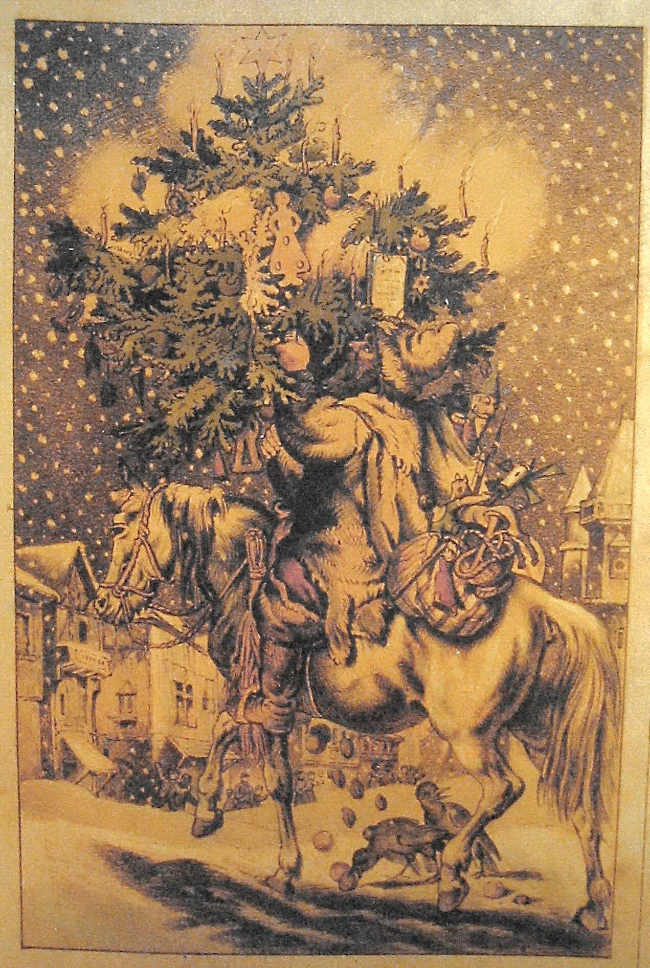 5 14.) Nikolaus mit Christbaum zu Pferd (nach einem alten Stich, Abb. s. nebenstehend) Zeichnung: NN, Gravur: Alexander Windisch-Sachs Augenhöhe: ca.