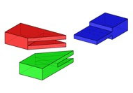 Holzverbindung (Bügelzapfeneckverbindung): Raumtransformationen, Vereinigung, Trennen- ebener Schnitt, Differenz Erzeuge folgende beiden Teile in GAM.