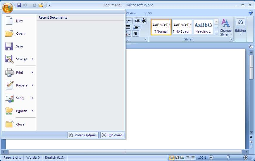 3 Microsoft Office 2007 Klicken Sie auf das runde Windows-Symbol in der linken oberen Ecke, um ein Menü zu öffnen.