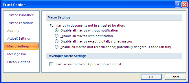 Falls Makros in Ihren eigenen Dokumenten doch einmal benötigt werden, kann die Einstellung Disable all macros with notification gewählt werden.