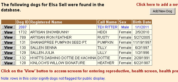 Owner s List of Dogs Nach der Eintragung erscheint die Liste aller eingegebenen Hunde Hunde im Mitbesitz sind blau