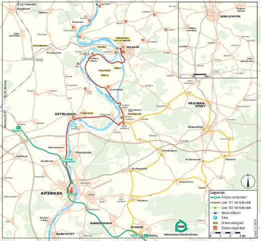 Karte Karte "Mainschleifen-Express" - Kitzingen - Dettelbach - Schwarzach - mmerach - Nordheim - Volkach und zurück Gemeinden Dettelbach Die malerische Weinstadt Dettelbach bietet besonders für