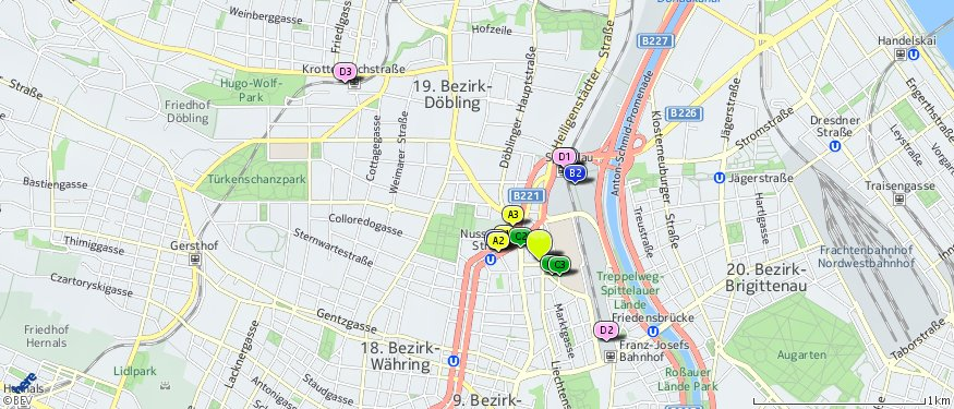 Öffentlicher Nahverkehr Der hellgrüne Punkt markiert den Immobilienstandort, die Verkehrsmittel im Umkreis werden mit farblichen Pins angezeigt.