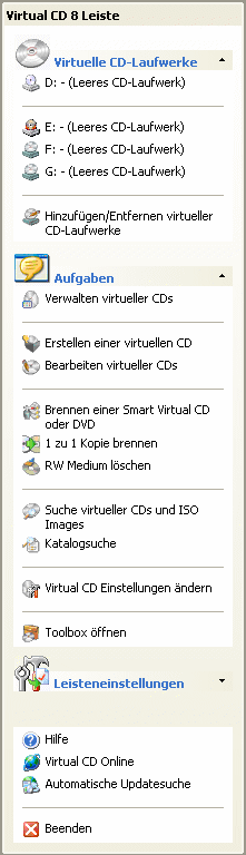 Virtual CD Schritt für Schritt Die Virtual CD Leiste Die Virtual CD Leiste ermöglicht den direkten Zugriff auf die virtuellen CD-Laufwerke und die wichtigsten Virtual CD Programme.
